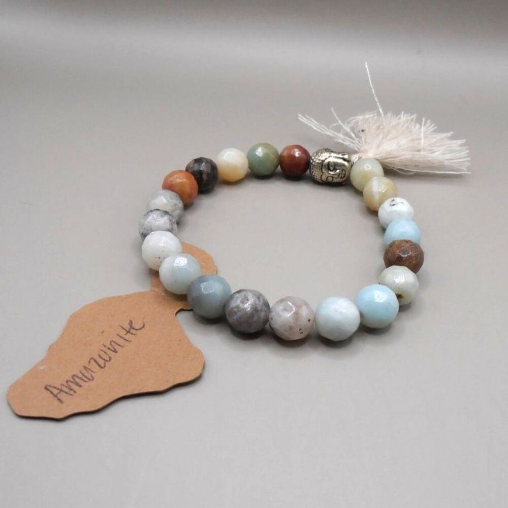 NWT Natural Amazonite Gemstone Beaded Bracelet w/ Buddha Accent & Tassel